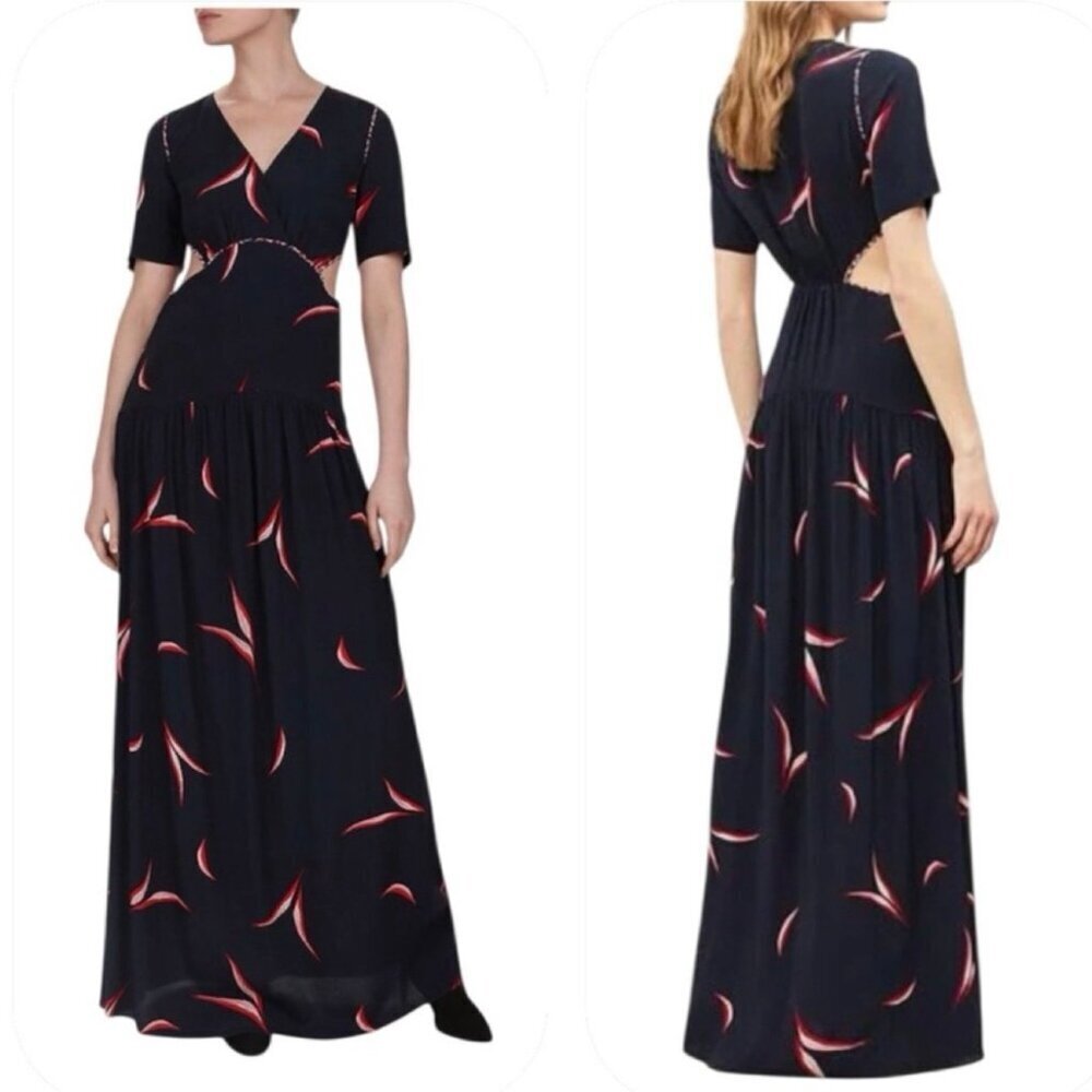 BA&SH Tiana Cutout Leaf Print Maxi Dress In Marine